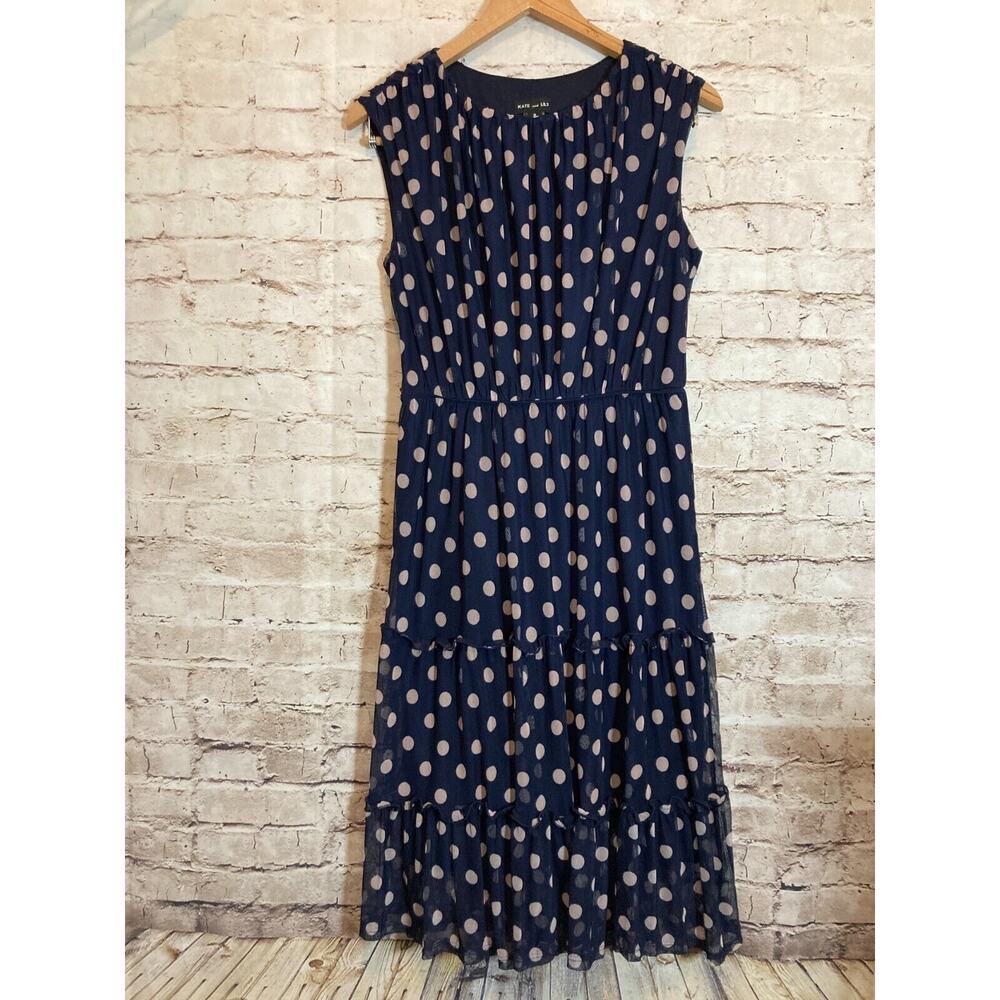 Kate and Lily Dress Womens 8 Midi Mesh Navy Blue Polka Dot Pleated Flowy Stretch